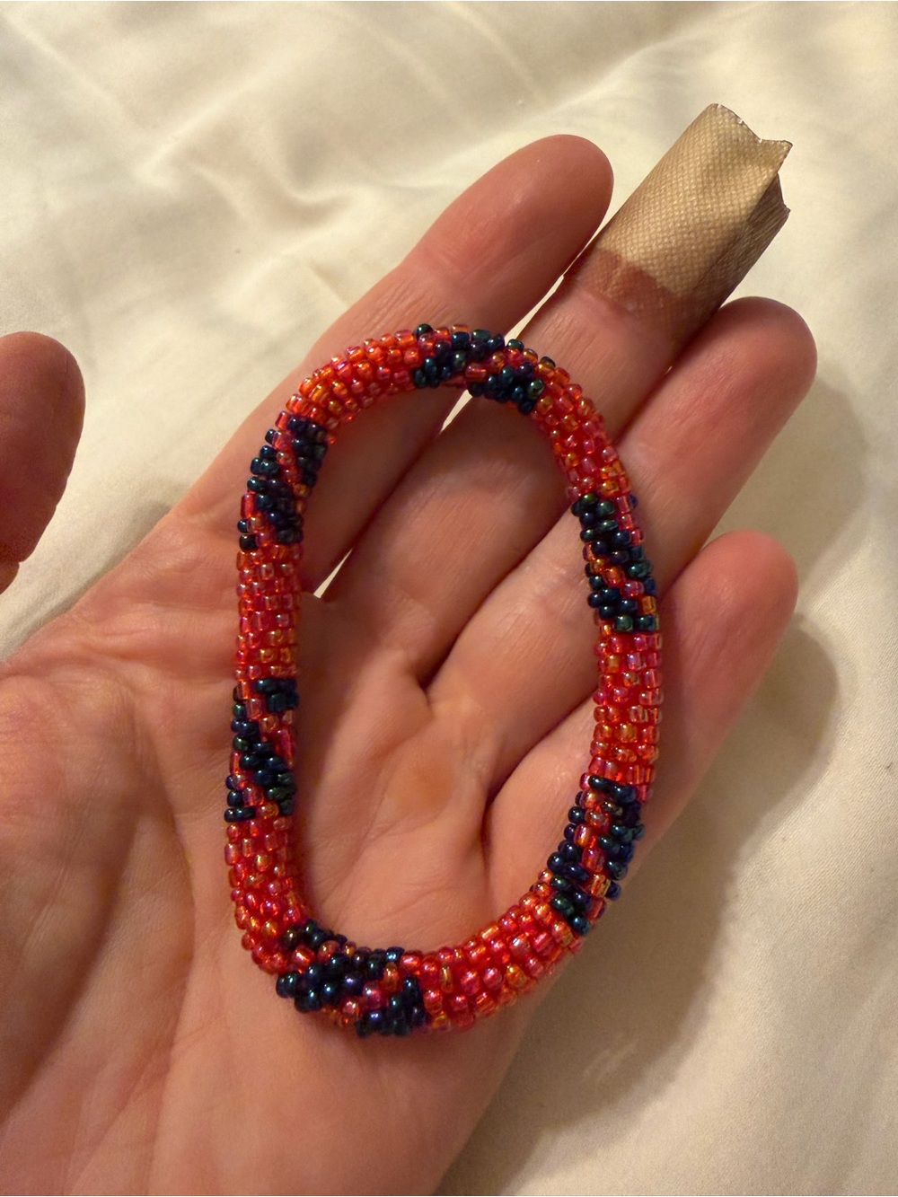 EUC Nepalese Handmade Red Beaded Bracelet with Navy Accent.  Bundle
